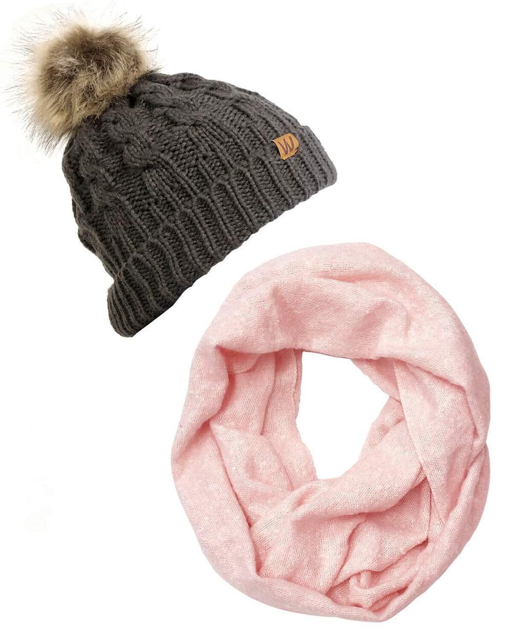 6486 Tricolor Winter Knit Infinity Scarf with Beanie, Pink + Dark Gray/Pom